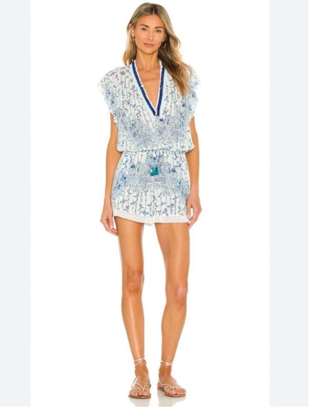Poupette St Barth Sasha V-neck Floral Blouson Fringe Romper Resortwear Women's M